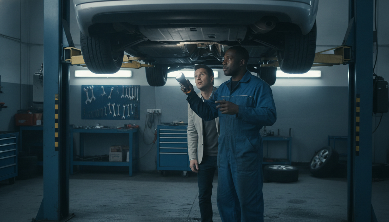 A mechanic on a lift sees the rust, leaks, and worn components that a test drive around the block never reveals.