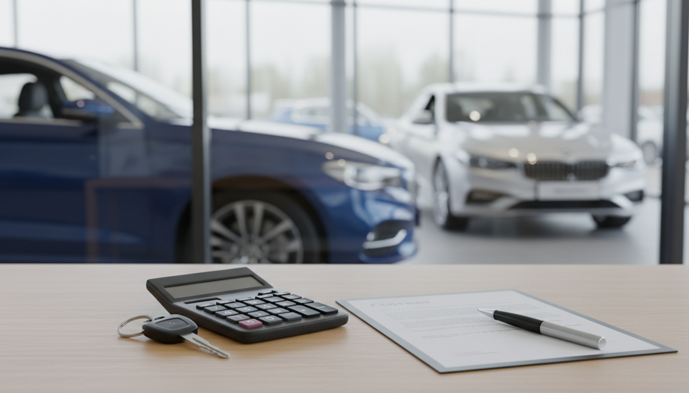 A car dealership desk with keys and a calculator, representing an auto loan down payment decision.